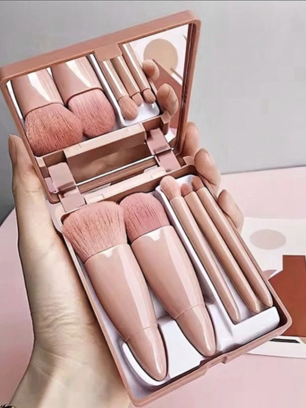 NEW Mini Travel Makeup Brush Set with Mirror Case Pink 5pc